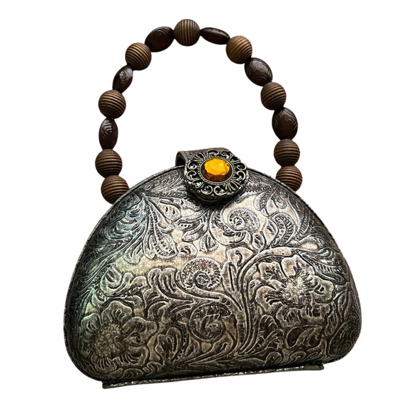 Handbags - J & X NY Elegant Small Silver Floral Tooled Look Handbag with Brown Handle